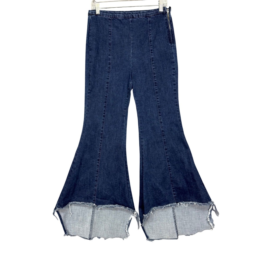 For The Republic‎ Bell Bottom Jeans Womens 10 Blue Dark Wash Raw Hem Side Zip